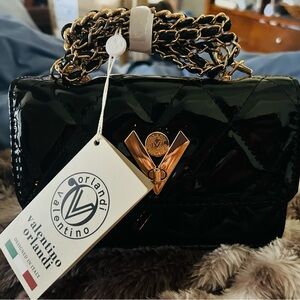 Valentino Orlandi Black Patent Quilted Crossbody with Gold Chain